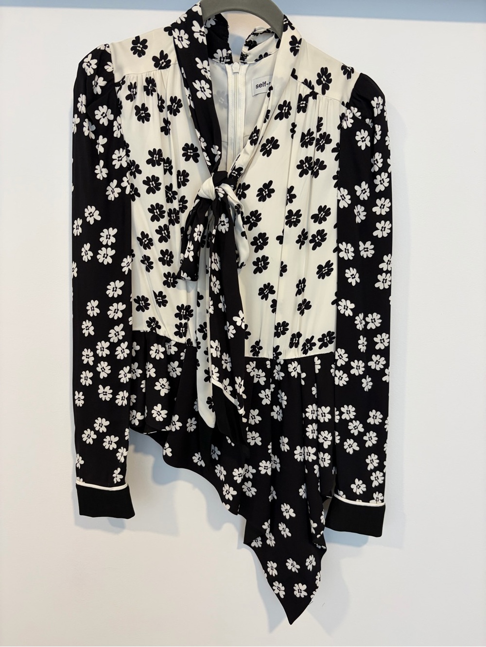 Self-Portrait Black and White Floral Tie-Neck